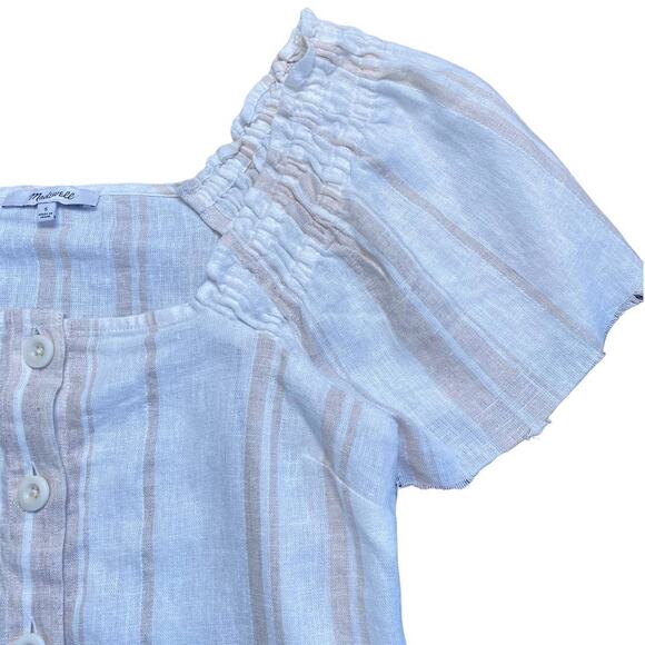Madewell Square Neck Striped Linen Top with Raw Hem Sleeves Small Button Down - Picture 5 of 7